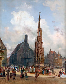 Rudolf von Alt - Vue de Nuremberg avec la fontaine gothique et la Frauenkirche