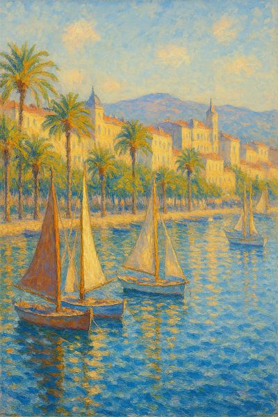 Französisch Riviera Segelboote glühen - Impressionist Seaside Malerei von Travel Shop