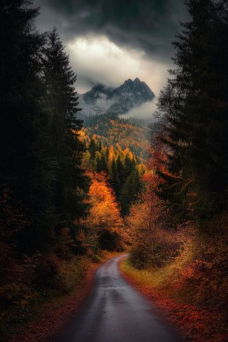 Autumnal forest landscape with mountains