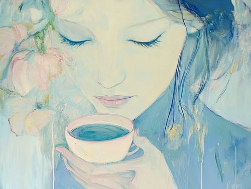 Vrouw met bloemen | Rustige vrouw met kopje van Zen en Meer