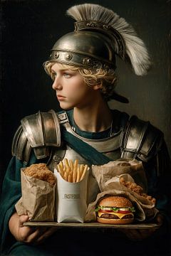 Roman Soldier with Fast Food - Humorous Painting