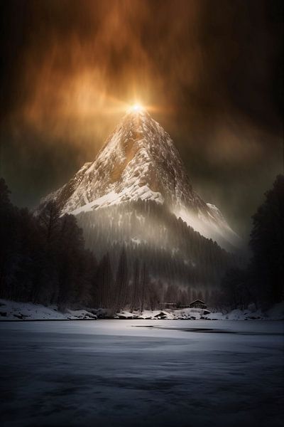 Goldener Sonnenaufgang über verschneitem Berggipfel von Art & Soul Creations