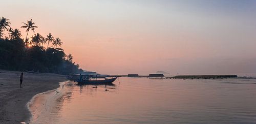 Panorama of a sunrise at the coast of Candidasa, Bali, Indonesia