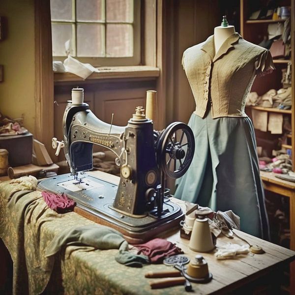 Schneiderei Nähstube nostalgisch Nähmaschine Kleid Stoffe von gm_designs