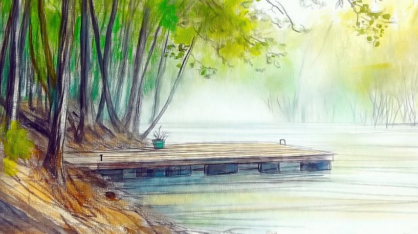 Footbridge on a misty lake in the forest by Frank Heinz