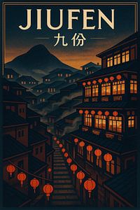 Jiufen Old Street Poster - Vintage Teehaus & Laterne Nacht Kunst