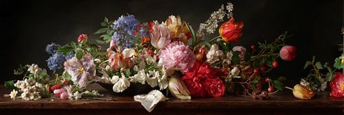 Klassiek bloemstuk met hout en servet panorama