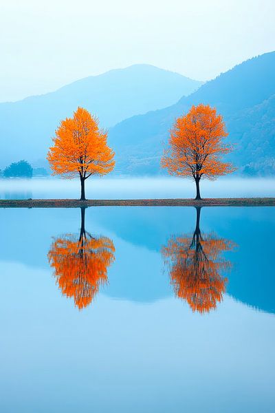 Herbstliche Bäume am See – Spiegelung von Poster Art Shop