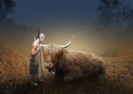 Alter Krieger mit seinem schottischen Highlander von Bert Hooijer