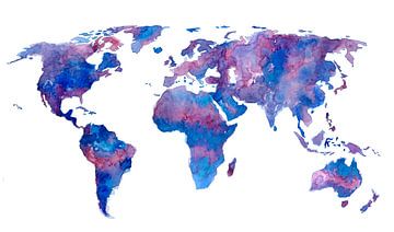 World map in shades of purple and blue | Watercolour painting by WereldkaartenShop