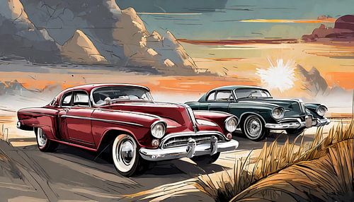 oude auto op het strand vintage, kunstontwerp