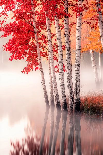 Autumnal birch trees by the lake - Mystical by Poster Art Shop