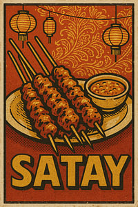 Retro Satay Poster - Malaysisches Straßenessen Spieße drucken