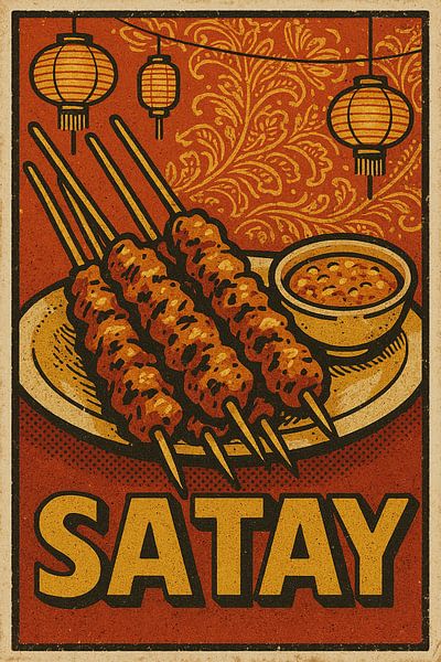 Retro Satay Poster – Malaysian Street Food Skewers Print by Travel Shop
