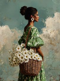 Frau mit einem Korb voller Gänseblümchen von IamHome Studio