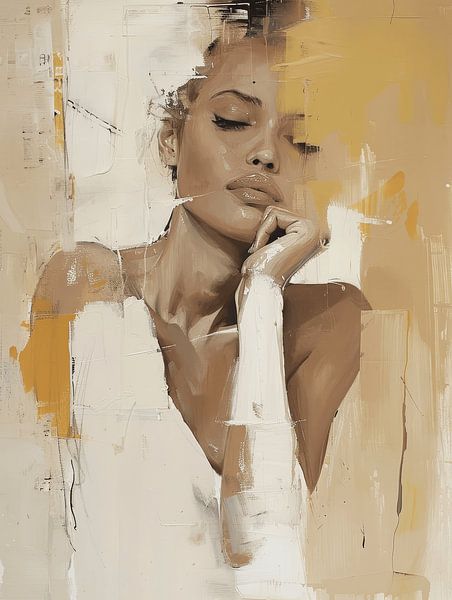 Abstract portrait in earth tones with a hint of ochre yellow by Carla Van Iersel