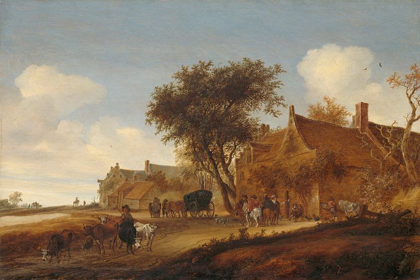 Dorfgasthaus mit Tourenwagen, Salomon van Ruysdael, 1655 von Marieke de Koning