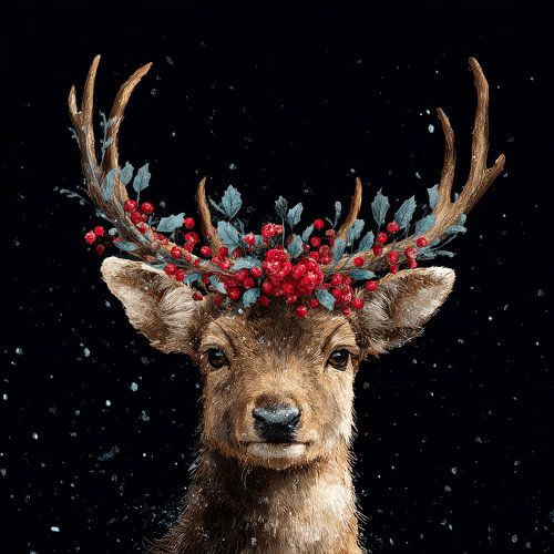 Hirsch in Winternacht mit Stechpalme und Beeren auf dunklem Hintergrund