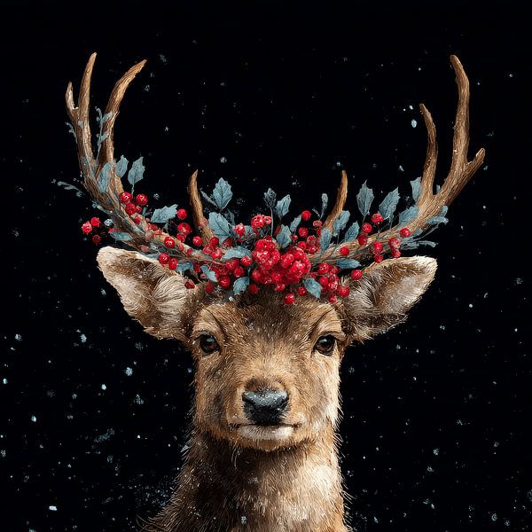 Stag in Winter Night With Holly and Berries on Dark Background by Eva Lee