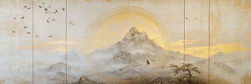 Traditioneel berglandschap met gouden afwerking en symbool van balans