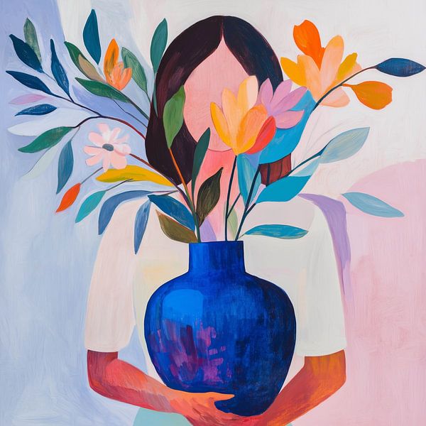 Fleurs colorées dans un vase bleu profond par Color Square