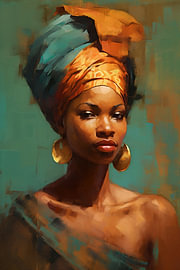 African woman wearing an orange headscarf on a petrol-coloured bike by Steinfox Art