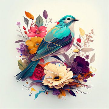 Oiseaux avec fleurs sur fond clair sur Harvey Hicks