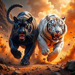 Fantasy Wall Art: DUALYX – The panther and the tiger on a wild hunt