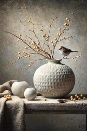 Zachte oogst – landelijk stilleven met vogel en bessenkruiken van Kleurenrijk