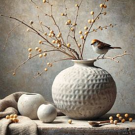 Gentle Harvest – a rural still life with a bird and jars of berries by Kleurenrijk