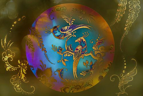 Vogels. Exotisch. Fantasie in Blauw en Bruin.