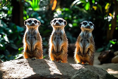 Drie meerkatten op een zandheuvel