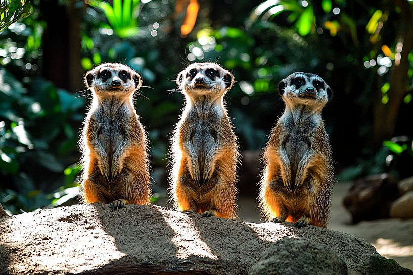 Drei Erdmännchen auf einem Sandhügel von Art & Soul Creations