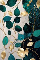 Abstract art | leaves gold green black and white