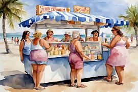 Gemütliche Damen am Eiswagen am Strand von De gezellige Dames