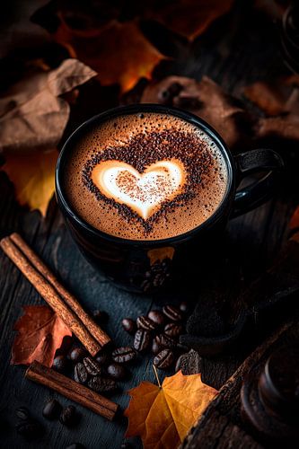 Koffie met hartmotief in herfstachtige omgeving