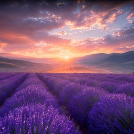 Ondergaande zon boven lavendel veld