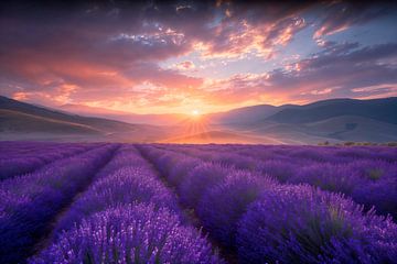 Setting sun over lavender field by Pieter Struiksma