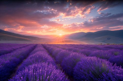 Ondergaande zon boven lavendel veld