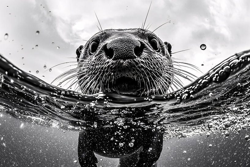 Gros plan sur une loutre en noir et blanc par Art & Soul Creations