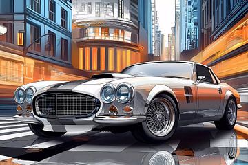 A classic car on a city street with trees of a boulevard.  by Ariadna de Raadt-Goldberg