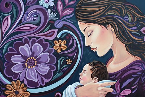 Digitaal abstract schilderachtig portret fictieve vrouw en kind