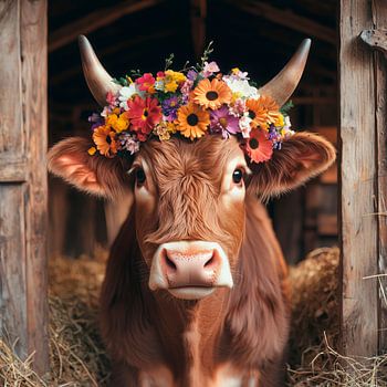 Geschmückte braune Kuh grinst fröhlich heraus