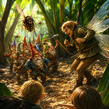 Battle Between Garden Gnomes and Forest Elf