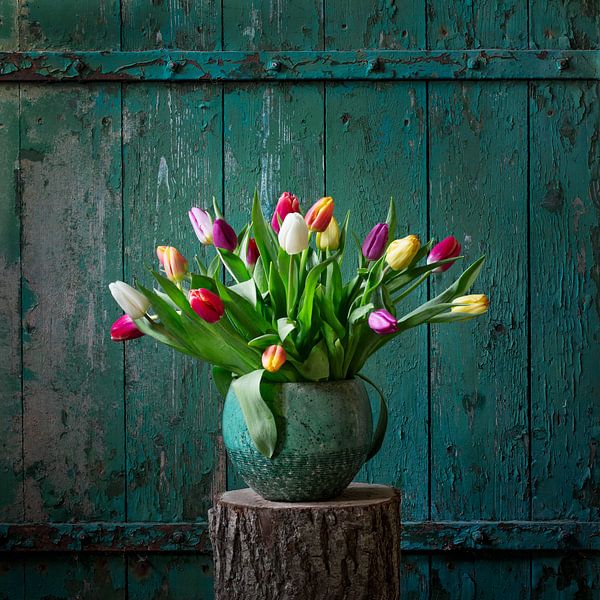Dutch tulips in front of an old barn door. by Anita Smink