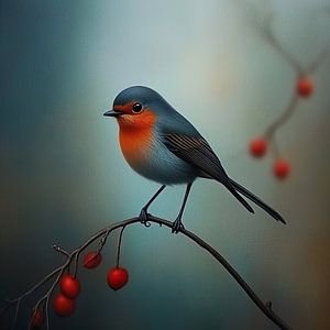 Rouge-gorge sur une branche de baies