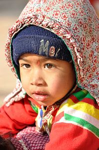 Child hanging on mothers back van Wiljo van Essen