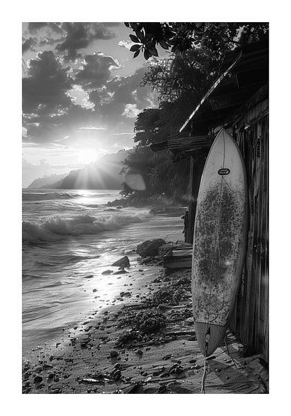 Surfboard leaning against a rustic beach hut by Poster Art Shop