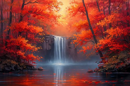 Waterfall in a Crimson Autumn Forest