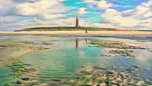Stijlvol schilderij: wandeling op het strand van Texel - geschilderd met algoritme